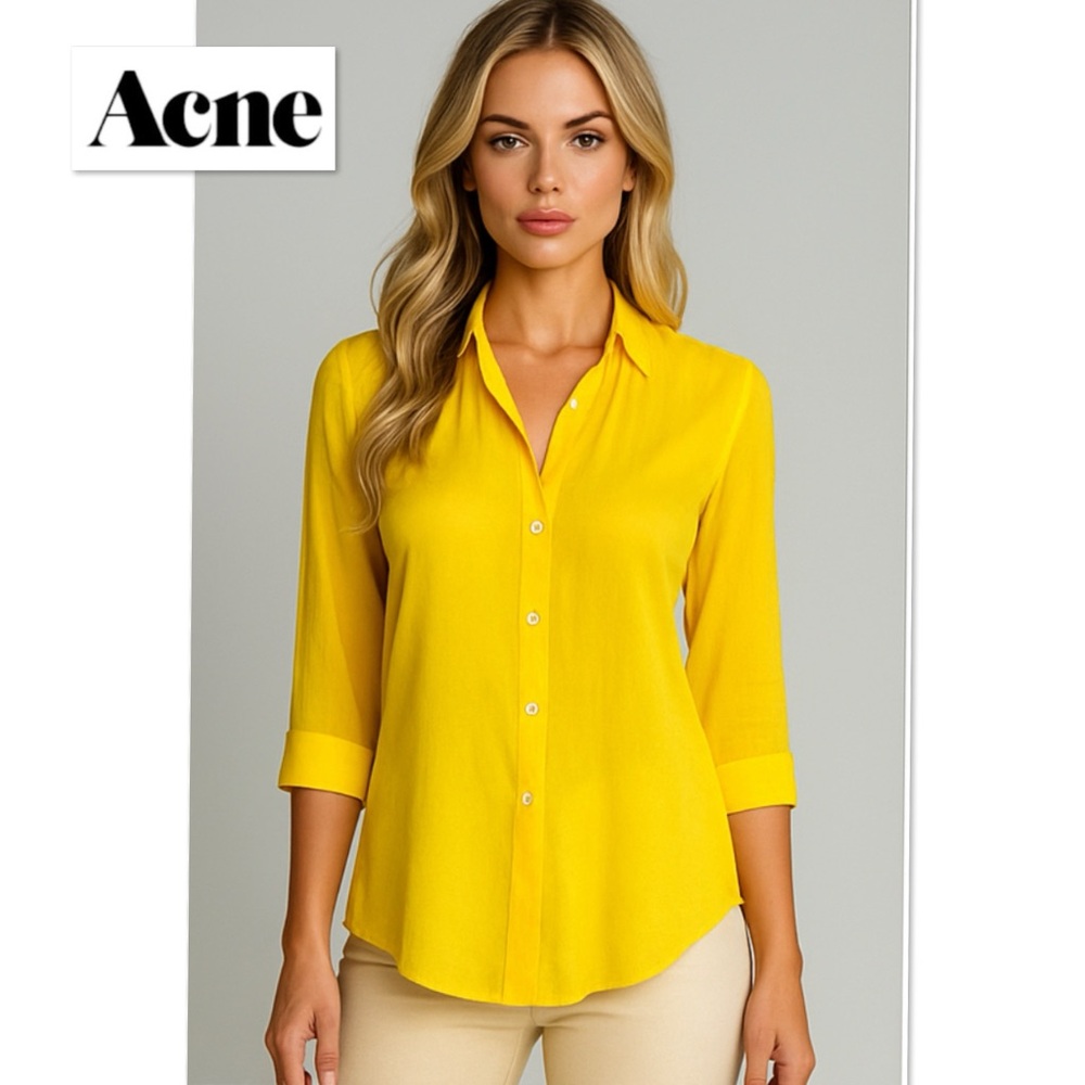 ACNE Studios Bright Yellow Silk Button Up Shirt Blouse Top S 3/4 Lengths Sleeves